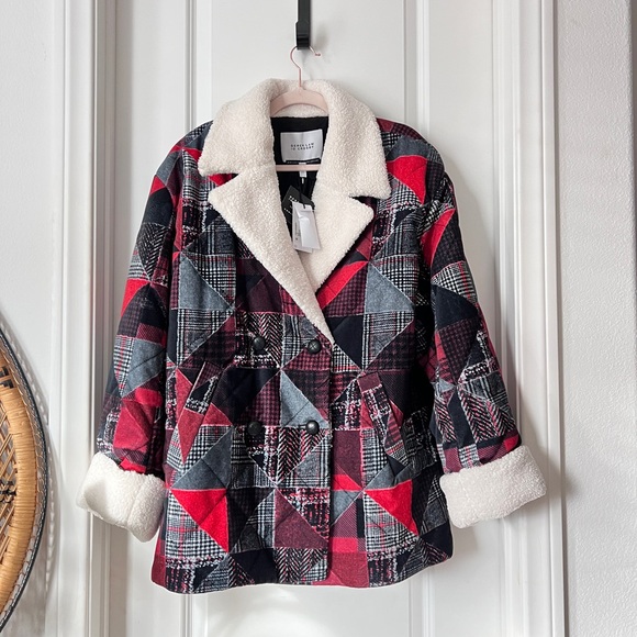 Derek Lam 10 Crosby Hayden Quilted Red Black Faux Fur Coat Peacoat Large - Picture 5 of 11